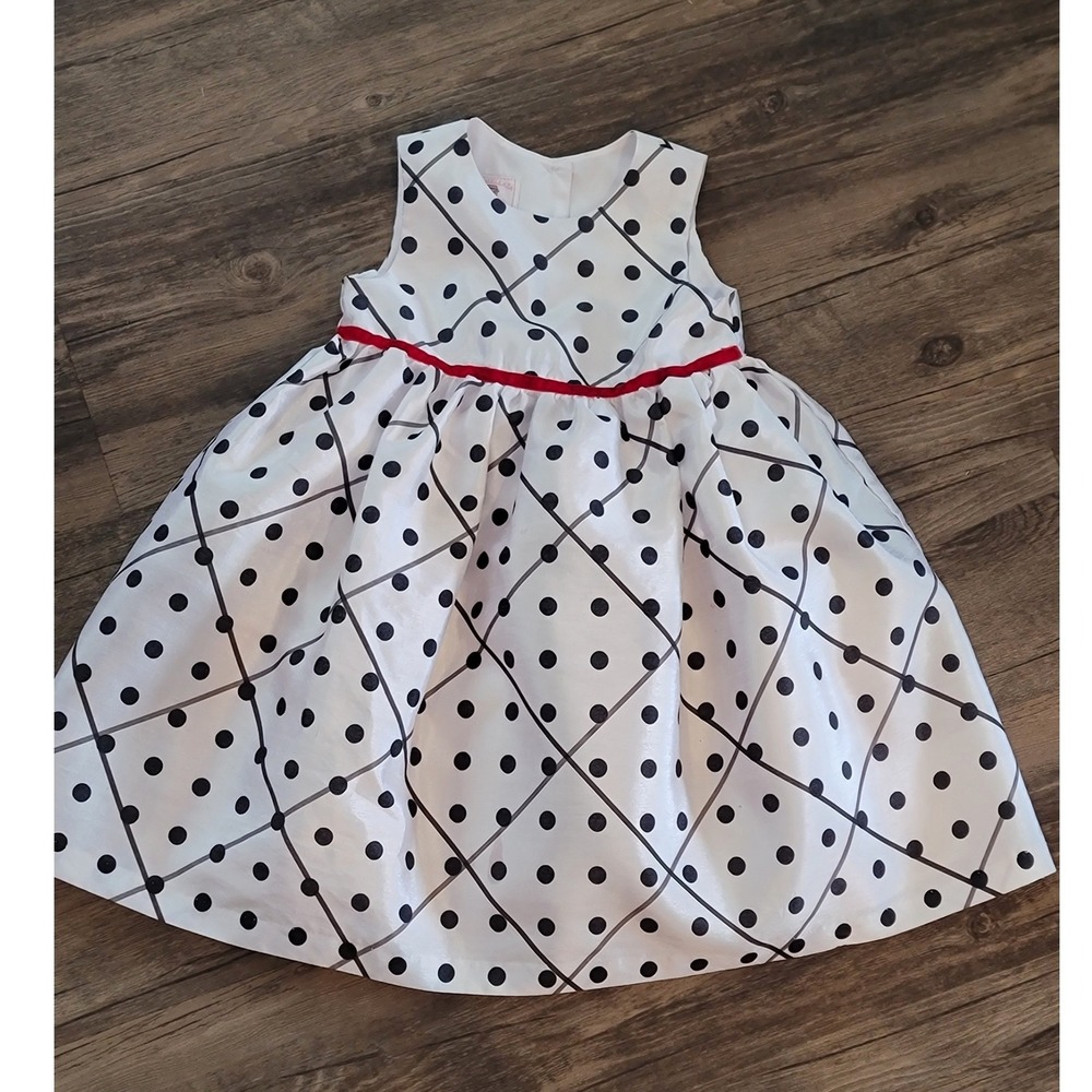 Marmellata Classics Girls 3T White Polka Dot Trellis Dress Red Velvet Trim